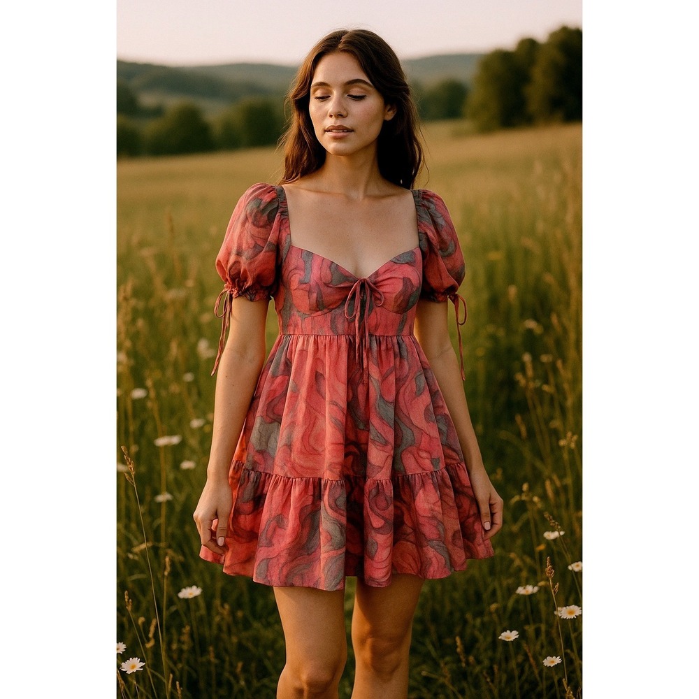 Amanda Richardson Pink Floral Babydoll Dress L Puff Sleeve Tie Front CottageCore